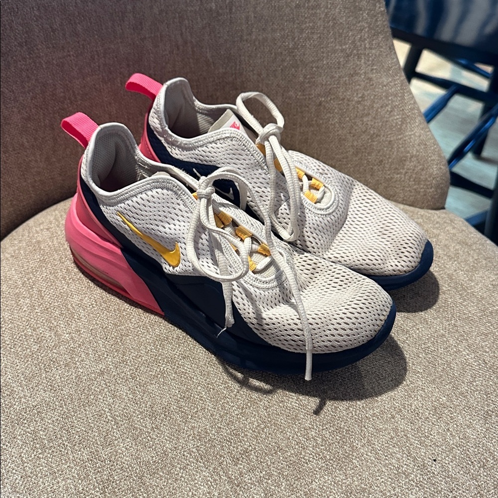 Nike Women’s White Mesh Athletic Sneakers with Pink Heel and Yellow Swoosh